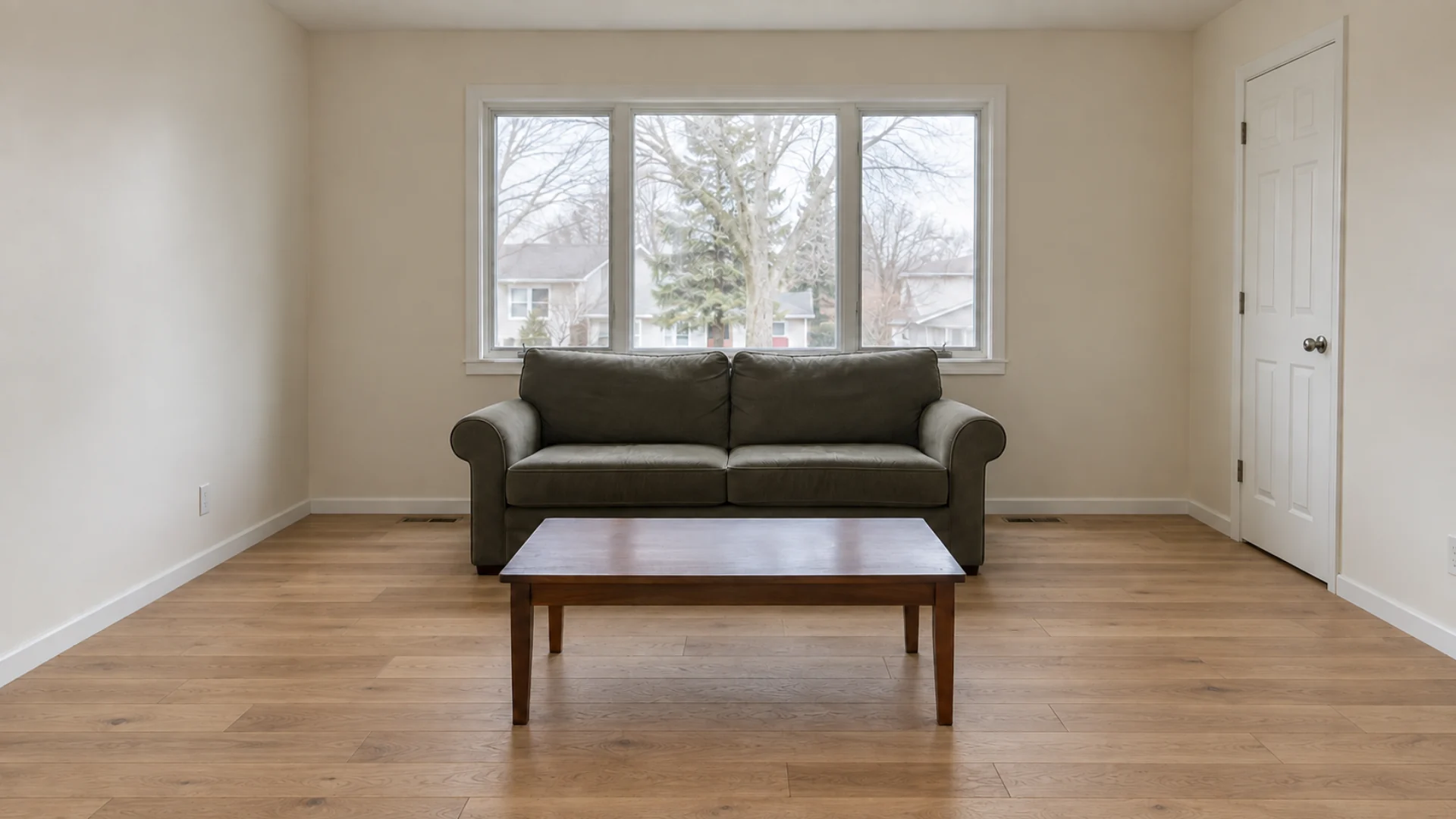 Illustrative AI-generated concept of the same room with new flooring installed