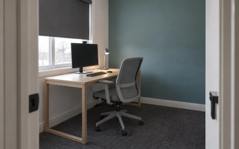 Small home office desk and monitor set against a video-call-ready wall