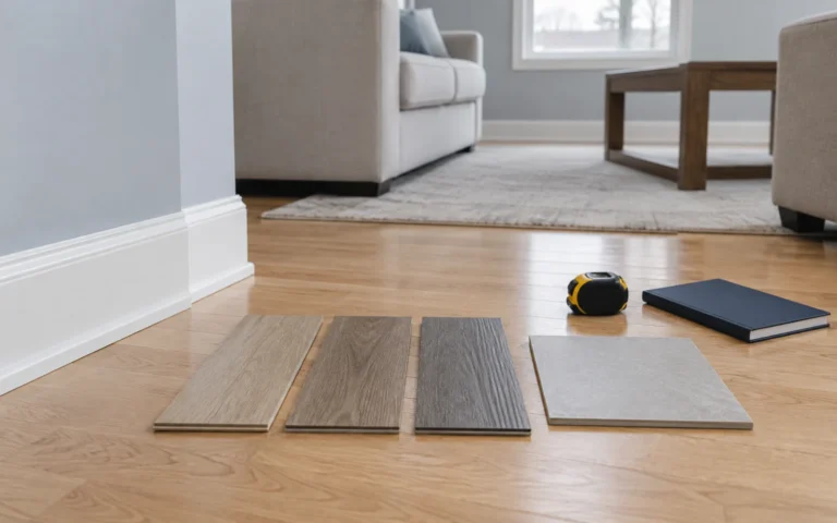 Flooring samples and a tape measure laid out on a living room floor
