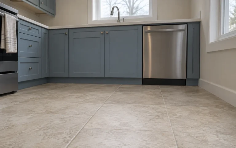Porcelain tile kitchen floor meeting the cabinet toe kick by the dishwasher