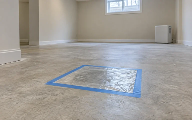 Plastic sheet taped to a basement concrete slab for a moisture test