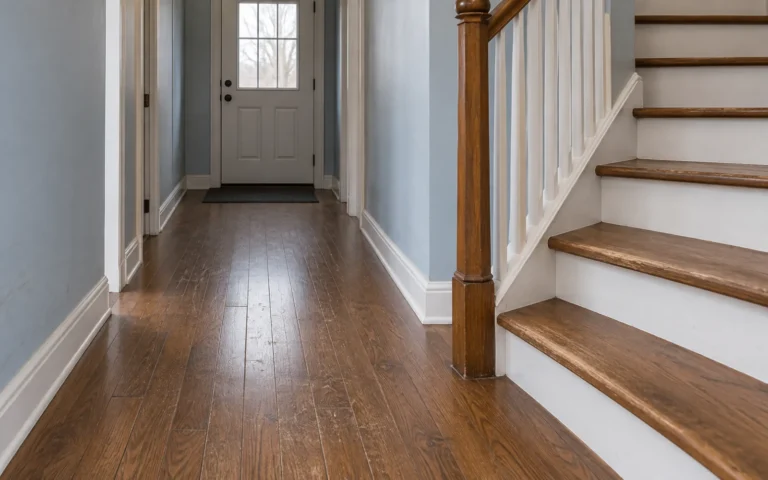 Worn walking lane on a hallway wood floor leading to the stairs