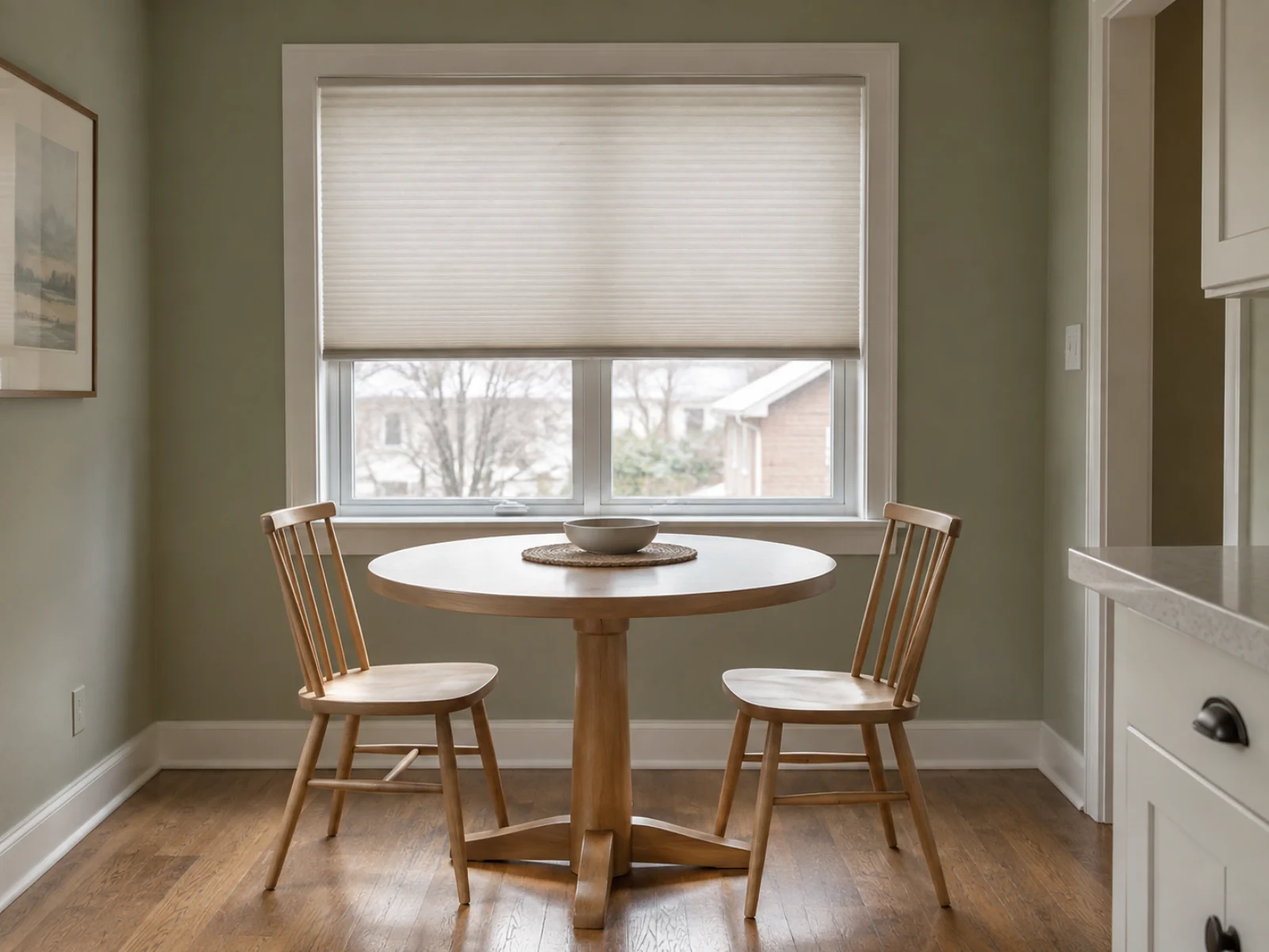 Dining nook window with cellular blinds halfway lowered