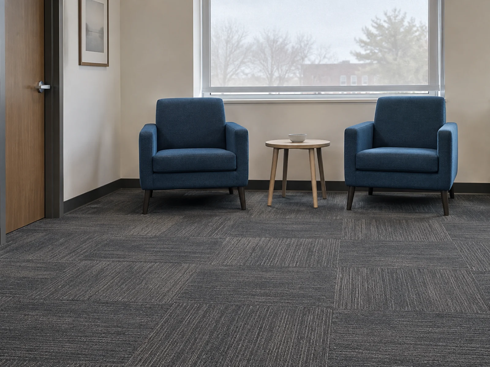 Interior with modular carpet tile flooring