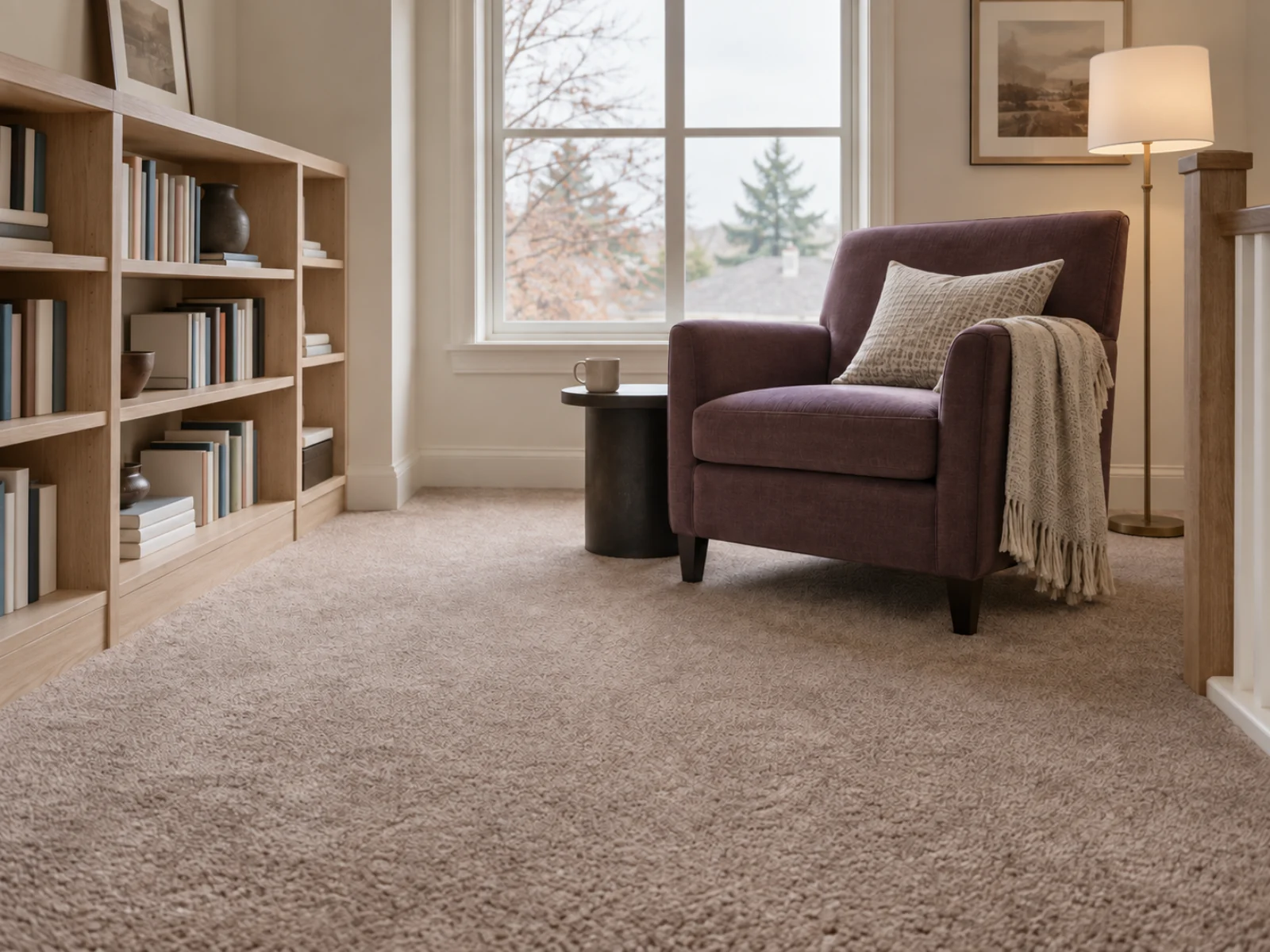 Upstairs reading room with soft taupe cut-pile carpet