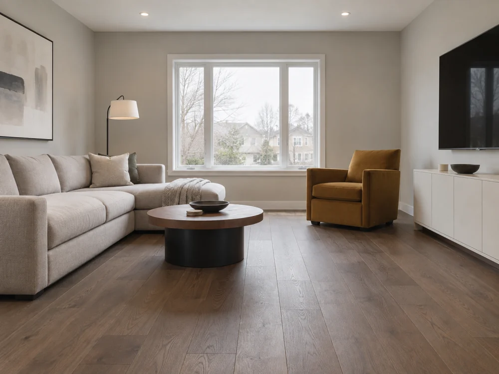 Family room with smoked-oak engineered hardwood flooring