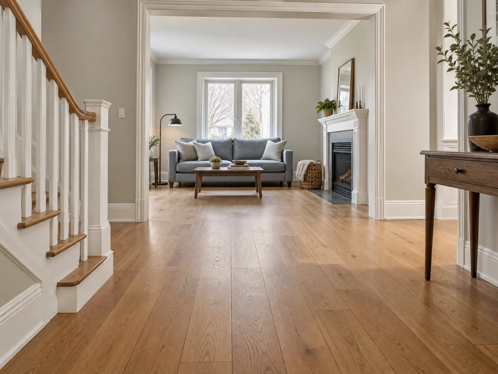 Living room with honey-toned oak hardwood flooring
