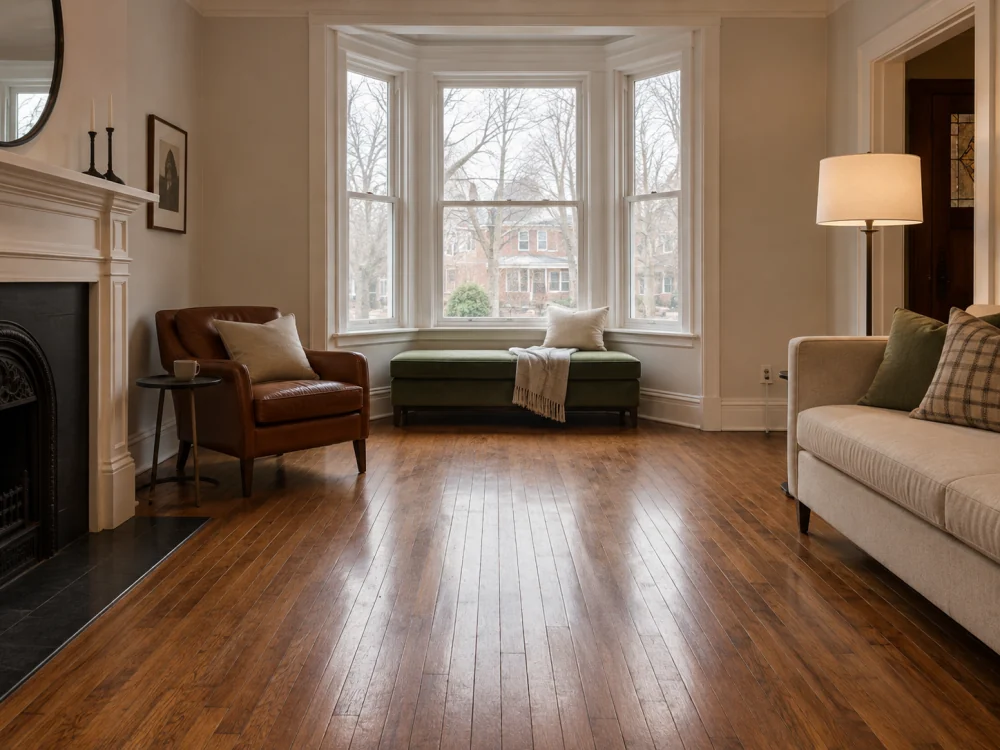 Parlour with walnut-brown hardwood flooring and bay window