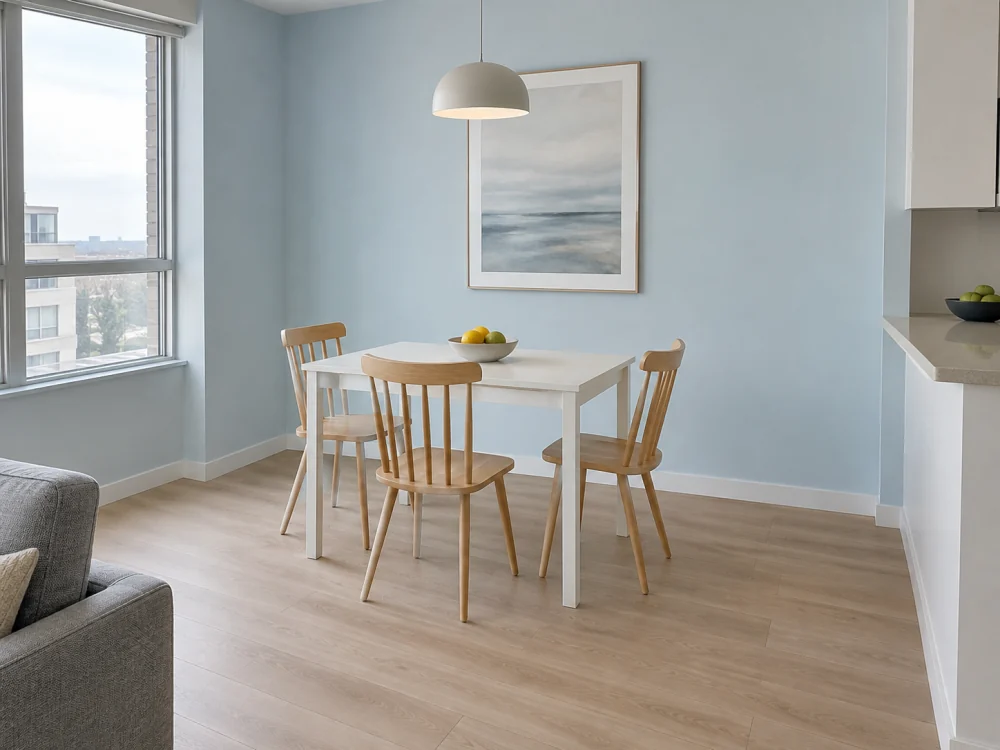Dining area with pale wood-look laminate flooring