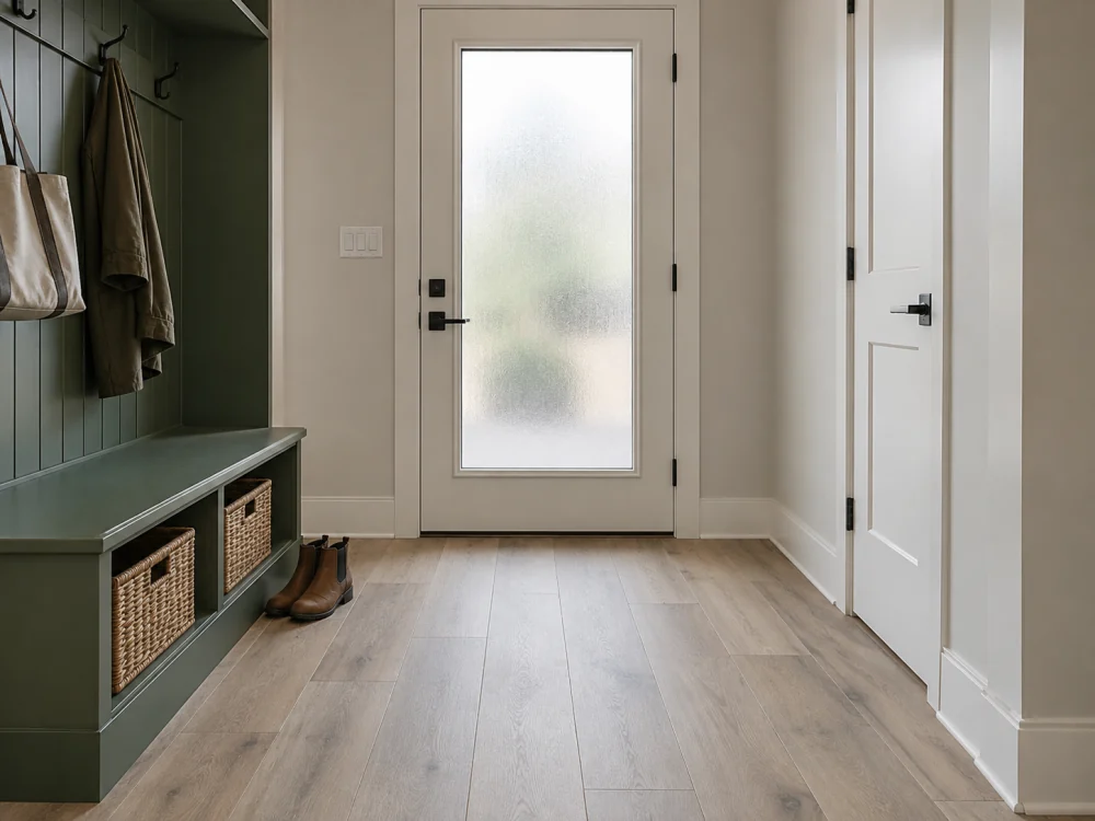 Mudroom with light driftwood luxury vinyl plank flooring